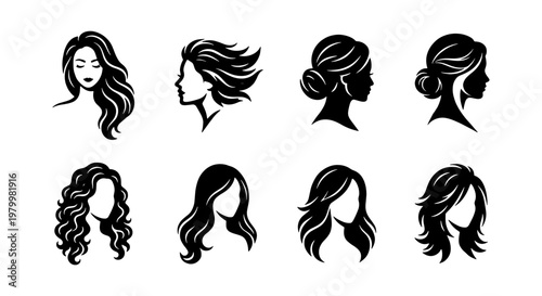 Minimalist woman hair silhouette icons, set of 8 female hairstyle vector illustrations, elegant beauty salon logo elements for branding