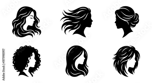 Elegant woman hair silhouette set, 6 vector icons of female hairstyles and profile portraits, black beauty salon logo elements for hair care branding