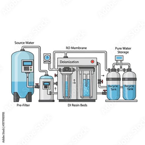 Industrial Water Purification System Diagram: RO, Deionization, Filtration