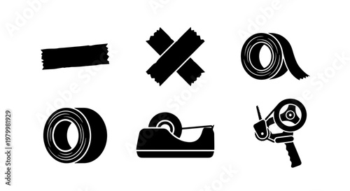 Adhesive tape icon set, black duct tape rolls and dispenser silhouettes, 6 packaging and office supply vector elements for shipping and logistics