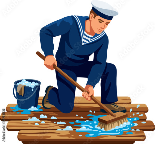 Ship deckhand scrubbing wooden floorboards with brush and soapy water