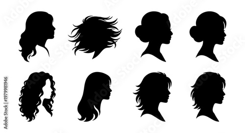 Woman profile silhouette collection, set of 8 female head icons with various hairstyles, black vector hair salon beauty graphics