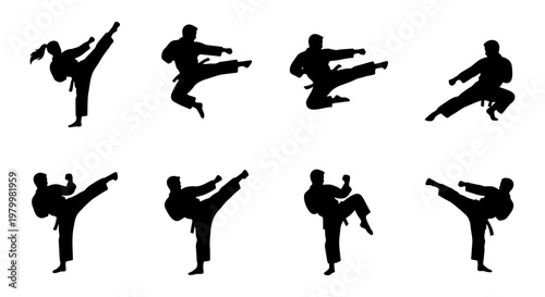 Martial arts silhouette set with 8 karate icons, black belt fighter poses in action, taekwondo and judo kick vector elements for sports design
