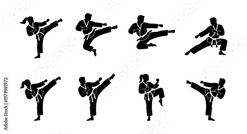 Martial arts silhouette set of 8 karate fighters, taekwondo athletes in combat poses, black and white vector icons for sports branding and gym logos