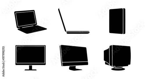 Minimalist computer silhouette icons, black laptop and desktop monitor vector set, flat hardware electronics collection for web design and UI