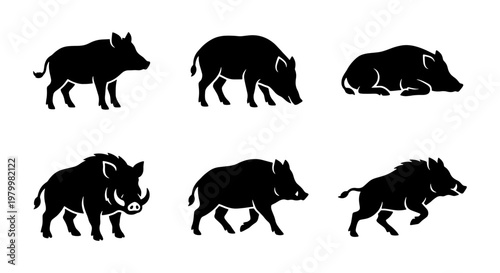 Wild boar silhouette collection, 6 black swine vector icons, forest pig and hog animal set, hunting trophy and wildlife nature graphics