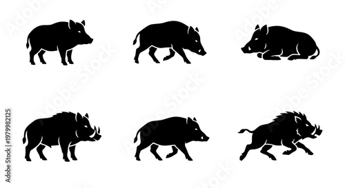 Wild boar silhouette collection, set of 6 black feral pig icons, forest animal vector graphics for hunting and nature branding