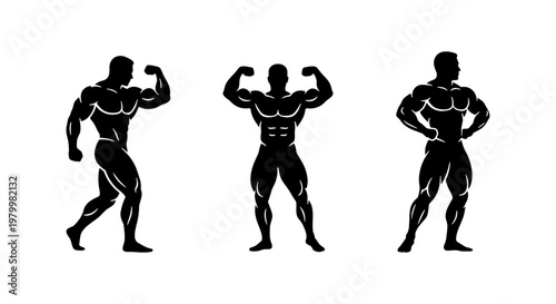 Bodybuilder silhouette vector set, muscular male athlete posing icons, black gym fitness figures, 3 bodybuilding elements for sports logo design
