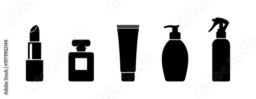 Black cosmetic icons set, beauty product silhouettes including lipstick and perfume bottle, skincare packaging vector illustrations for spa and salon