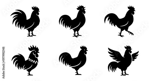 Rooster silhouette vector set, black farm bird icons in various poses, 6 chicken and cockerel illustrations for rustic logo design and organic food branding