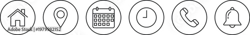 Minimalist house, location pin, calendar, clock, phone, and bell on white line white background