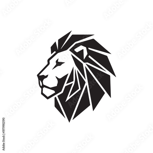 A striking geometric lion head design rendered in a bold black and white silhouette
