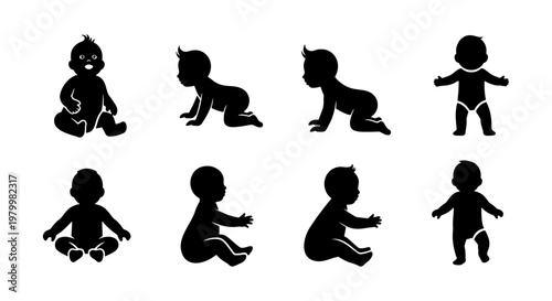 Baby silhouette vector collection, 8 infant icons in various poses, crawling and sitting newborn figures, black toddler shapes for nursery design
