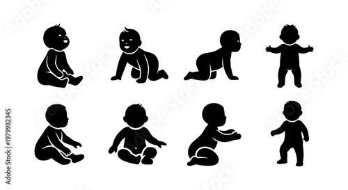 Baby silhouette vector set, infant development stages icons, collection of 8 black toddler figures crawling and sitting, newborn growth milestones