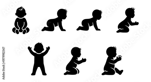 Baby silhouette collection with 7 vector icons, infant developmental stages and crawling poses, black toddler figures for parenting and childcare design