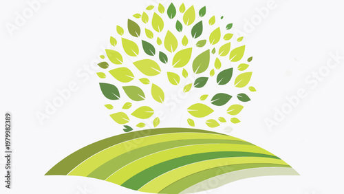 A stylized tree growing on a green hillside landscape