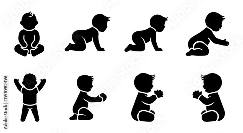 Baby silhouette icons set, 8 black infant vector elements showing growth stages, crawling and sitting newborn child figures for nursery design