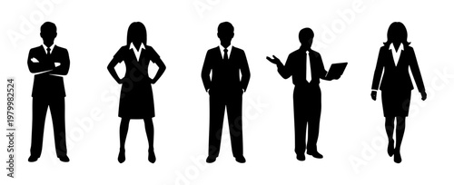 Professional business people silhouettes, set of 5 corporate office workers in formal attire, black vector figures of businessmen and businesswomen