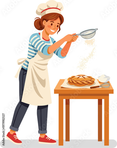 Woman baker dusting sweet fruit pie with powdered sugar using sieve