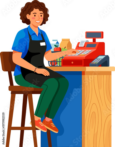 Woman cashier sitting at grocery register ringing up food items
