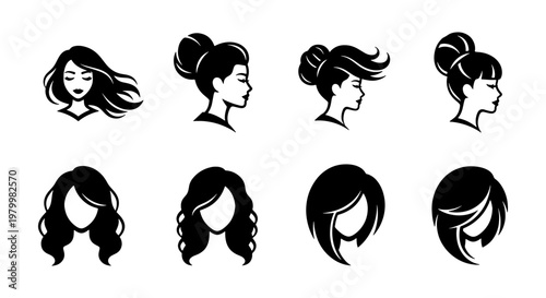 Minimalist woman hairstyle collection, 8 black and white hair salon icons, female beauty profile silhouettes, elegant haircut vector set