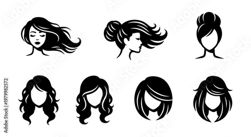 Minimalist female hairstyle icons, black silhouette woman hair set, elegant beauty salon vector elements, 7 feminine hair style illustrations