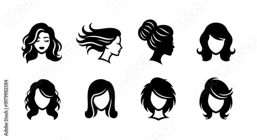 Minimalist woman hairstyle icons set, black silhouette female hair salon vector elements, elegant lady head profile and face avatars for beauty branding