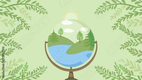 A globe surrounded by green leaves symbolizing environmental harmony and nature