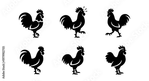 Black rooster silhouette icons set, 6 farm cockerel vector elements, rustic poultry bird illustrations, morning crowing chicken mascots