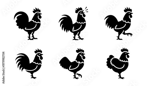 Rustic rooster silhouette icons, set of 6 farm bird vector illustrations, black cockerel and chicken silhouettes for organic food branding