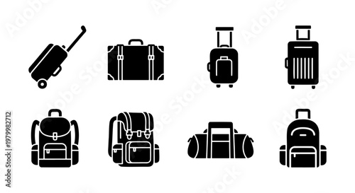 Travel luggage icon set, black solid vector silhouettes of suitcases and backpacks, 8 travel bag elements for tourism and vacation planning