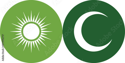 Bright yellow sun and white crescent moon icons displayed inside circular green colored rounded frames
