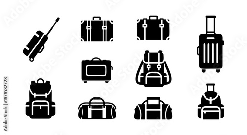 Minimalist travel luggage icons set, black solid suitcase and backpack vector silhouettes, 10 travel bag elements for tourism and vacation planning