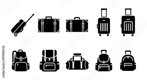 Travel luggage icon set, black solid vector baggage symbols, 10 suitcase and backpack elements for tourism and vacation planning