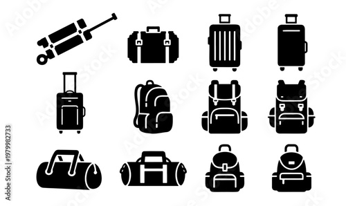 Travel luggage icon set, black silhouette suitcase and backpack vector collection, 12 travel bag symbols for tourism and vacation planning