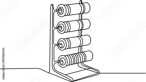 Continuous line drawing of a metal display rack holding multiple rolls of fabric or paper