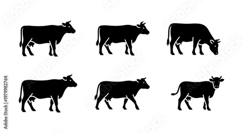 Black cow silhouette set with 6 vector icons, farm animal livestock collection in various poses, dairy cattle silhouettes for agriculture branding