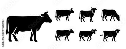 Black cow silhouette set, 7 cattle vector icons for farm branding, livestock animal silhouettes in various poses, dairy and beef cattle graphics