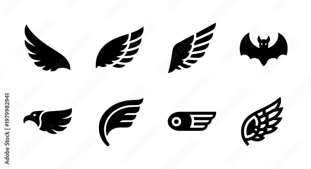 Obraz premium Minimalist black wing icons set, 8 vector wing silhouettes for logo design, eagle and bat wing graphic elements, stylized flight symbols