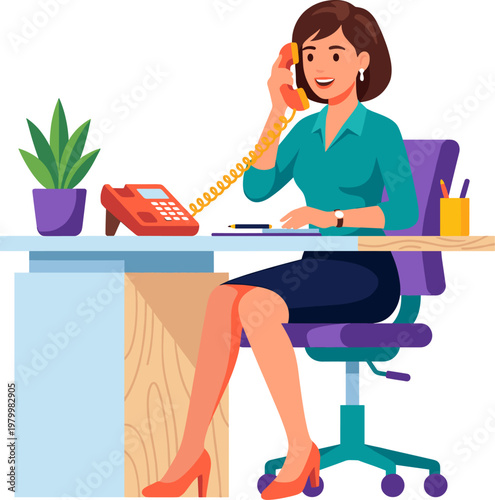 Administrative assistant answering telephone call at office workstation