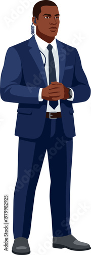 Alert african american bodyguard in a blue suit standing with clasped hands