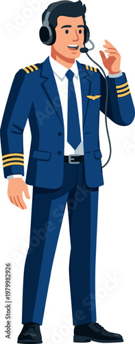 Airline captain wearing communication headset talking during flight operations