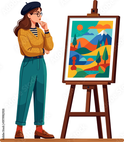 Art critic examining modern landscape painting on wooden easel