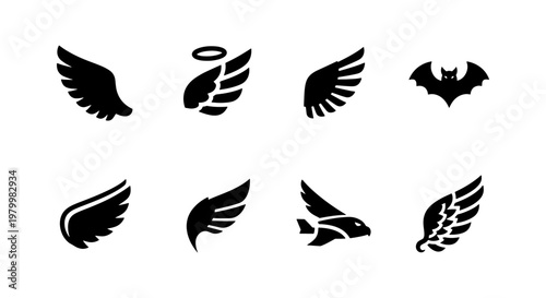 Black wing icons set, minimalist bird and angel wings collection, flat vector silhouettes of bat and eagle wings for logo design and branding