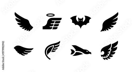 Minimalist wing icons set, black silhouette bird and angel wings collection, 8 vector graphic elements for logo design and branding