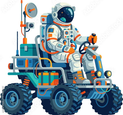 Astronaut driving a lunar rover vehicle on a planetary mission