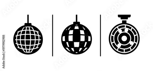 Disco ball icon set, black and white mirror ball vector illustrations, retro party and dance floor symbols, 3 nightlife clubbing elements