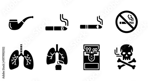 Smoking and tobacco addiction icon set, 8 black glyph vector elements, cigarette and lung health symbols, no smoking and danger signs