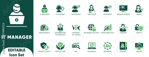IT Support and Technology Management Icon Set. assistance, contact, information technology, manager, operator, seo, agent, and solid icons.