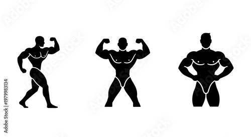 Bodybuilder silhouette icons set, muscular male athlete posing in three different views, fitness and weightlifting gym vector graphics on white background